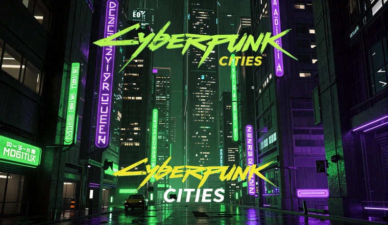 Blue City Nights collection - neon-soaked megacity at night with acid green and purple lights