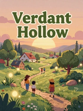 Mossvale Letter game cover - charming magical countryside with glowing plants at sunset