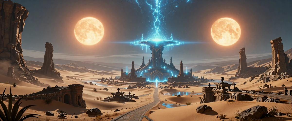 Featured editorial: Stellar Dominion - twin suns setting over alien desert ruins