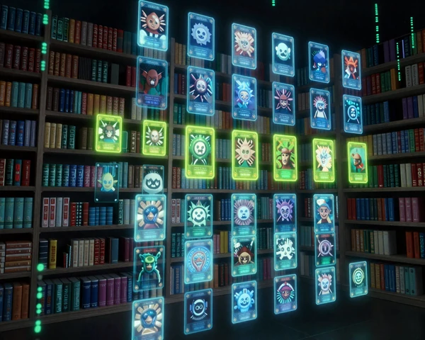 Lumen Arcade digital library - glowing holographic game shelves in a futuristic data space