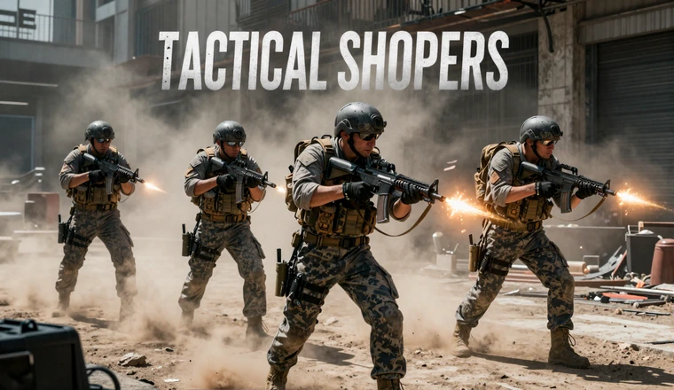 Precision Pressure collection - elite military squad in urban combat zone with smoke and harsh lighting