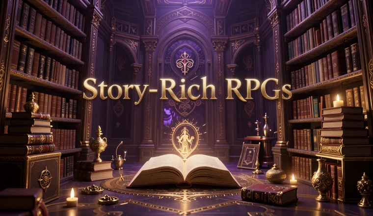 Choice-Heavy RPGs collection - ancient magical library with glowing books and golden artifacts